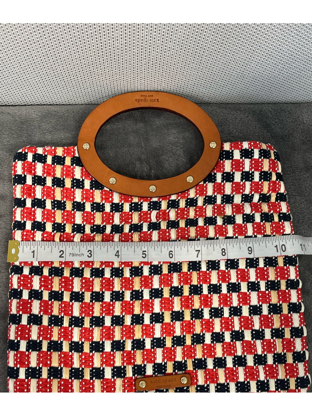 Kate Spade Red, White & Navy Woven Tote Clutch with Brown Leather Handles - Picture 10 of 10